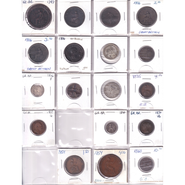 Bulk Lot of Great Britain Coins 1797-1942 in 20-Pocket Sheet. 18pcs.