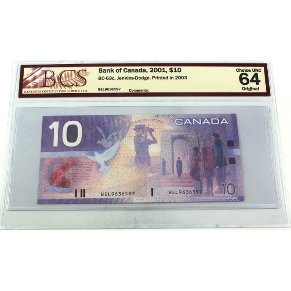 BC-63c 2001 $10 BCS CUNC64 Original Jenkins-Dodge Printed in 2003 SN: BEL9636597