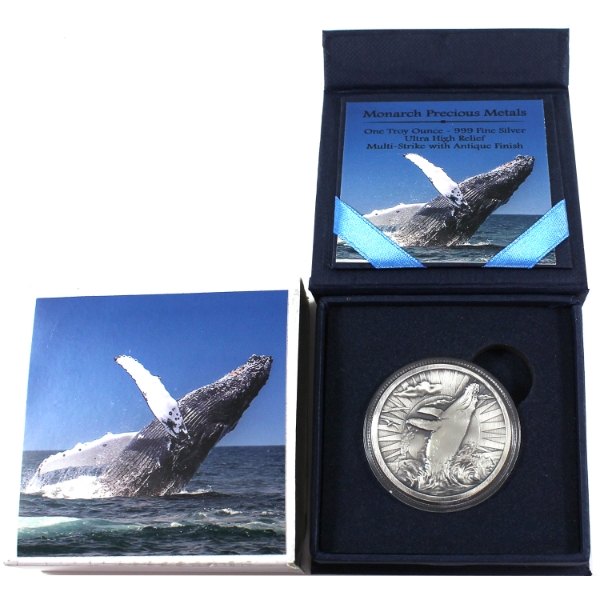 1oz Monarch Precious Metals Humpback Whale .999 Fine Silver UHR Multi-Strike w/ Antique Finish 