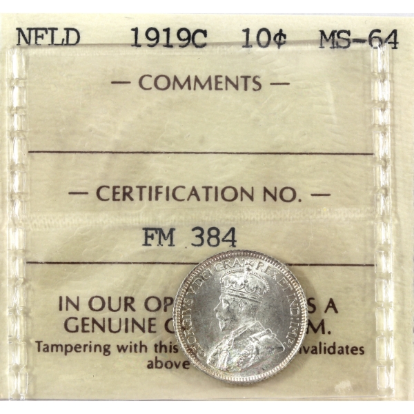 Newfoundland 10-cent 1919C ICCS MS64