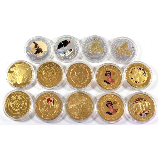 Bulk Lot of Great Britain & USA Gold & Silver Plated Crowns & Medallions. 14pcs.