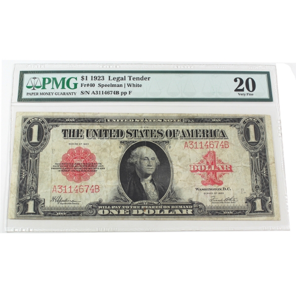 USA 1923 FR-40 $1 PMG VF20 Speelman-White SN:A3114674B pp F 
