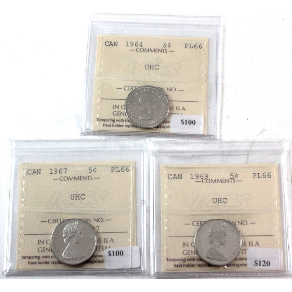 5-cent 1964, 1967 & 1969 ICCS PL66 UHC. 3pcs