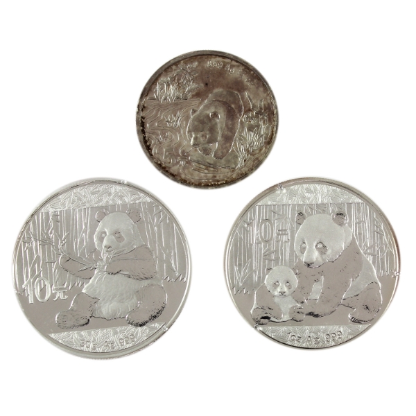 Just Under 2.5oz Lot Total! China 1997-2017 5-10 Yuan Panda .999 Fine Silver Coins. 3pcs. 
