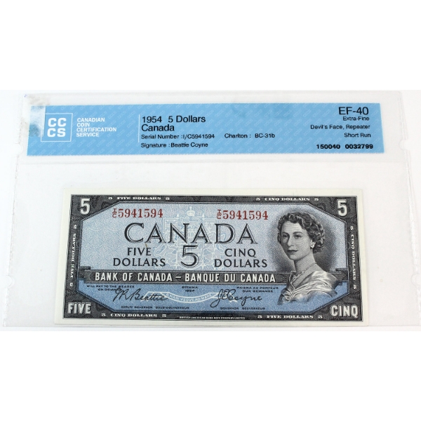 BC-31b 1954 $5 Devil's Face CCCS EF40,  Beattie-Coyne, Short Run Repeater, SN: I/C591594