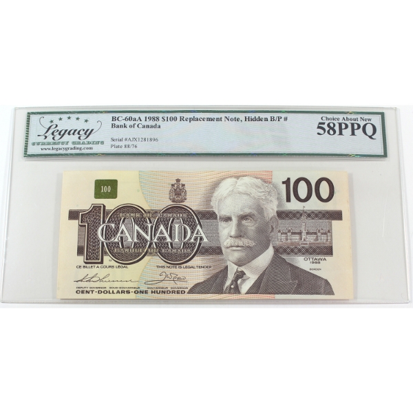 BC-60aA 1988 $100 AJX Replacement Hidden BP# Legacy Choice AU58 PPQ Thiessen-Crow SN: AJX1281896