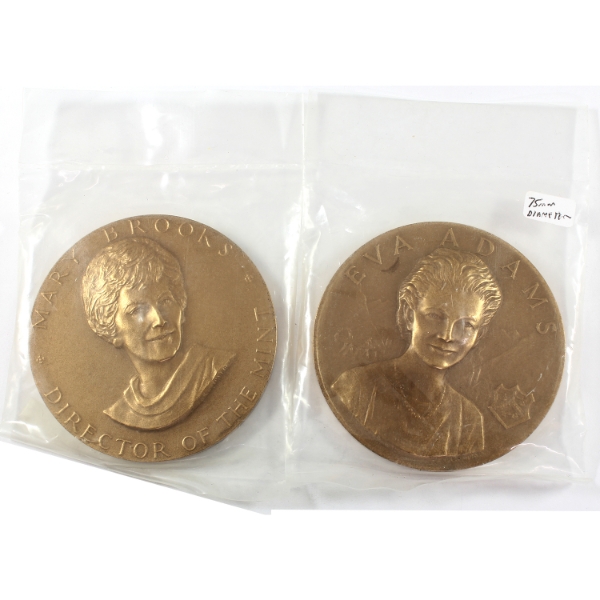 Mary Brooks & Eva Adams Bronze Medals, 75mm. 2pcs.