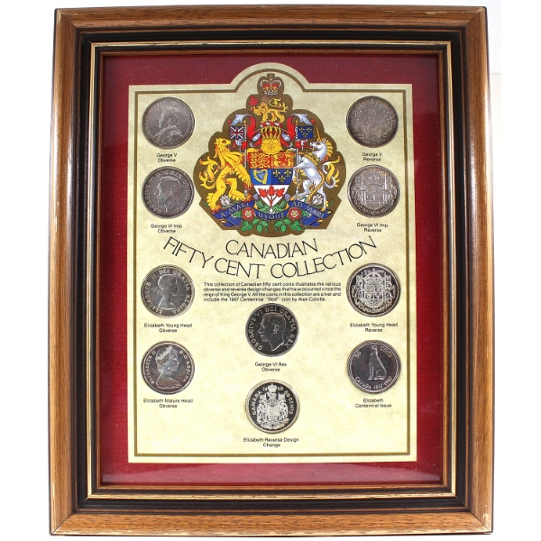 Canadian Fifty Cent 10-coin Collection in Wooden Display frame