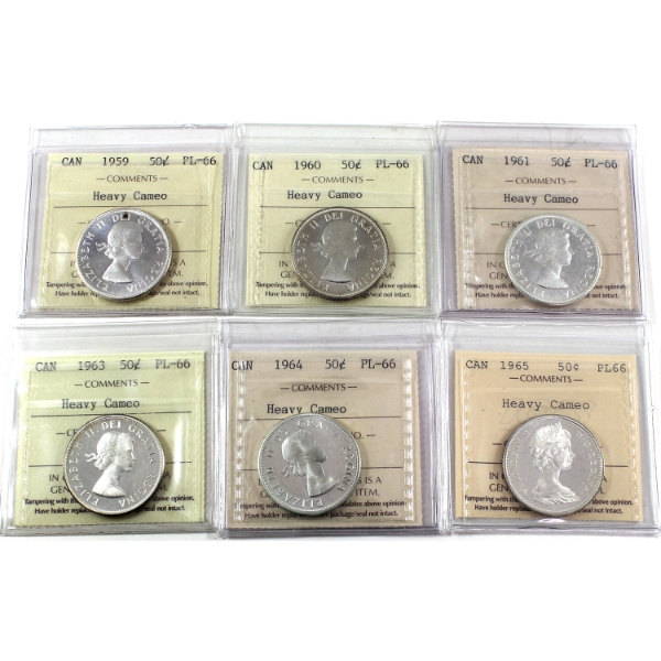 50-cent 1959-1965 ICCS PL66 Heavy Cameo. 6pcs.
