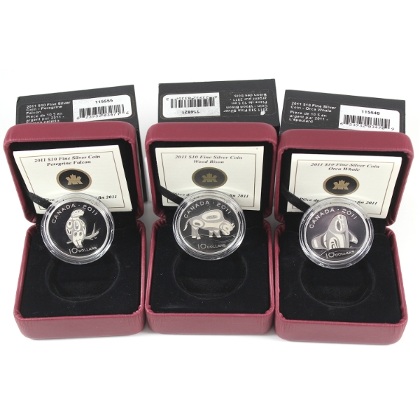 Group Lot of 2011 $10 Indigenous Art Wildlife 1/2oz .9999 Fine Silver Coins. 3pcs. (Tax Exempt)