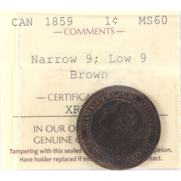 1-cent 1859 Narrow 9; Low 9 ICCS MS60 Brown
