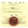 Image 1 : 1-cent 2001 ICCS MS67 Red