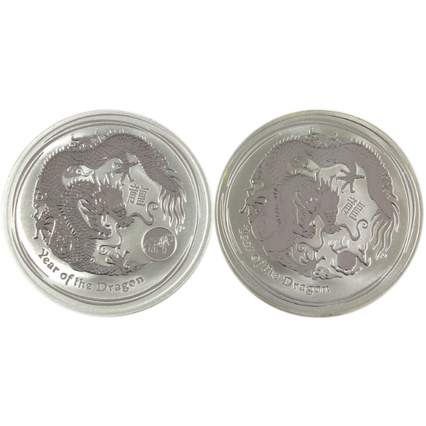 2x 1oz Australia 2012 $1 Year of the Dragon, One w/ Lion privy .999 Fine Silver. 2pcs (Tax Exempt)