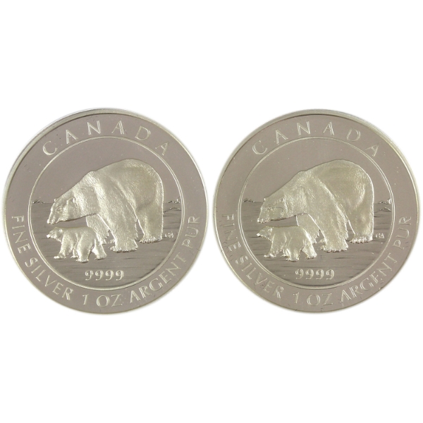 2x 2015 $5 Polar Bear and Cub 1oz .9999 Fine Silver coins. 2pcs (Tax Exempt)