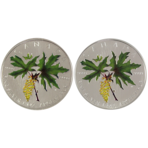 2x 2005 $5 Coloured SML - Bigleaf Maple .9999 Fine Silver Coins. 2pcs. (Tax Exempt)