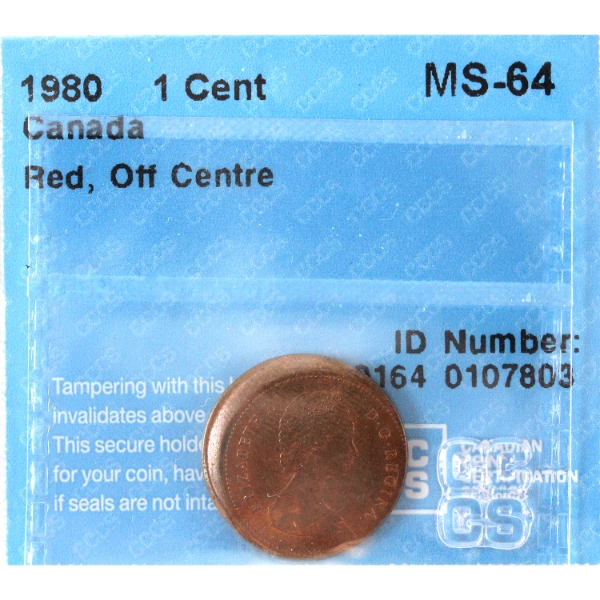 ERROR! 1-cent 1980 Off Centre CCCS MS64 Red