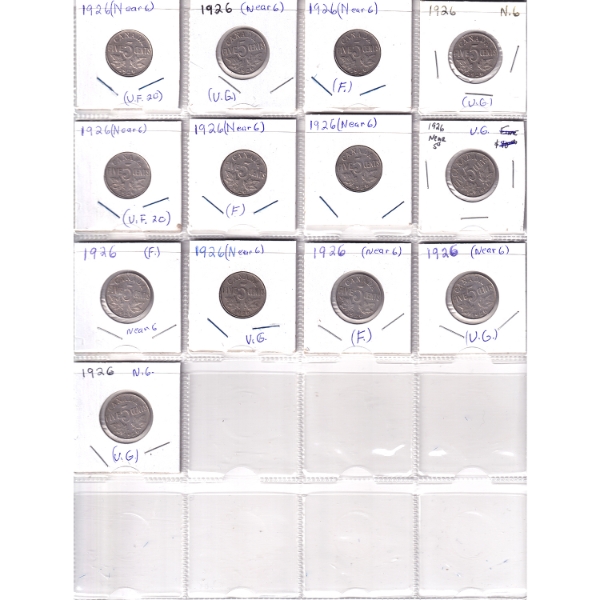 Bulk Collection of 5-cent 1926 Near 6 VG to VF in 20-Pocket Sheet. 13pcs.
