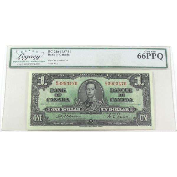 BC-21a 1937 $1 Legacy GEM UNC66 PPQ Osborne-Towers SN: D/A3993470