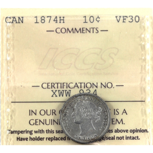 10-cent 1874H ICCS VF30