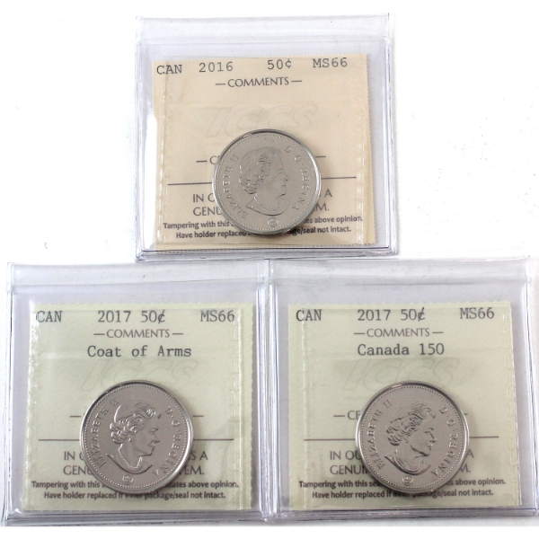 50-cent 2016, 2017 Coat of Arms & 2017 Canada 150 ICCS MS66. 3pcs