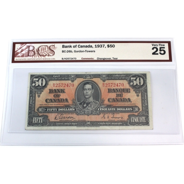 BC-26b 1937 $50 BCS VF25 Gordon-Towers, Changeover SN: B/H2572470 (Tear) 