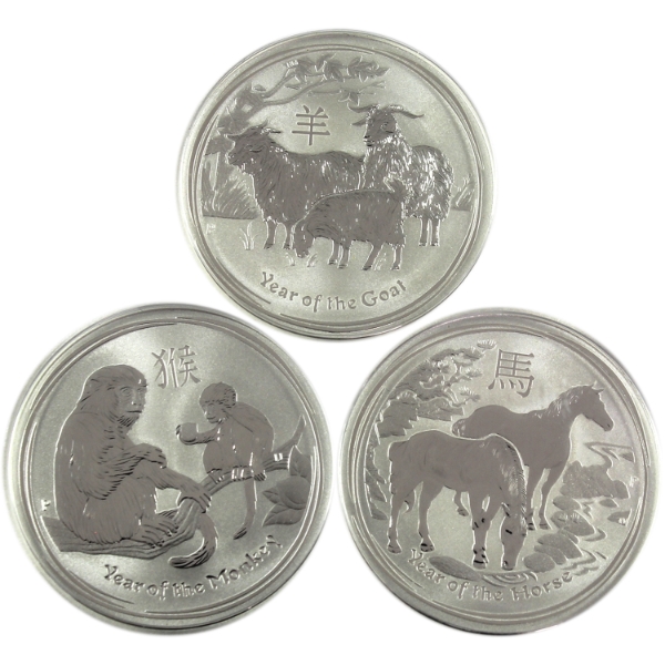 3x 1/2oz Australia 2014, 2015 & 2016 50-cent Lunar .999 Fine Silver Coins. 3pcs (Tax Exempt)