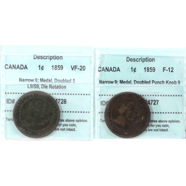 1-cent 1859 CCCS F12 to VF20. 2pcs.