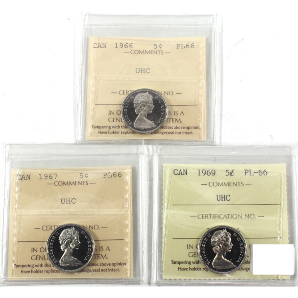 5-cent 1966, 1967 & 1969 ICCS PL66 Ultra Heavy Cameo. 3pcs