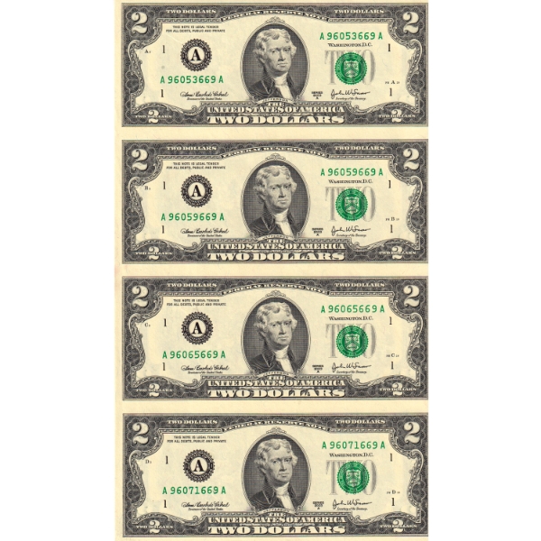 USA 2003 $2 World Reserve Monetary Exchange Uncut Sheet of 4x Notes in Folder
