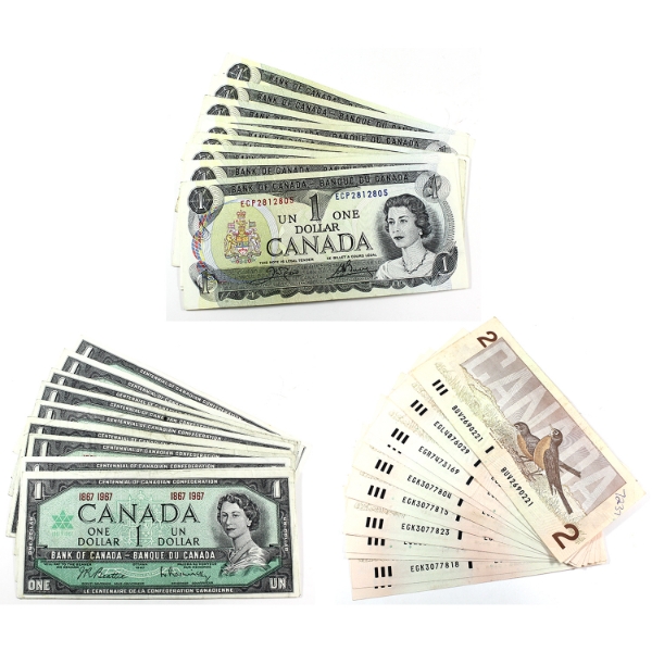 12x Each of the Following: 1967 $1 No Serial Number, 1973 $1 & 1986 $2 Notes. 36pcs