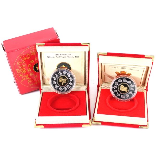 2003 Year of the Sheep & 2005 Year of the Rooster $15 Lunar Sterling Silver w/ Gold Plated Cameo.