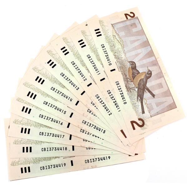 BC-55c 1986 $2 Consecutive Bonin-Thiessen SN: CBI3734410-CBI3734419. 10pcs.