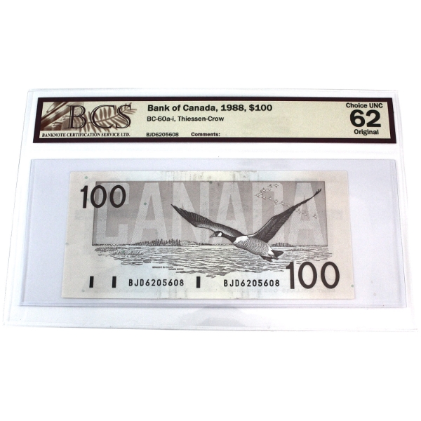 BC-60a-I 1988 $100 BCS CUNC62 Original, Thiessen-Crow SN: BJD6205608