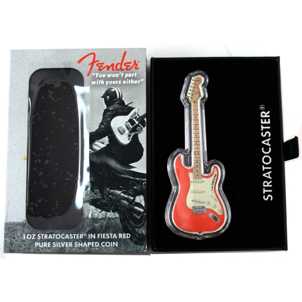 1oz Solomon Islands 2022 $2 Fender Stratocaster In Fiesta Red .9999 Fine Silver Shaped Coin.