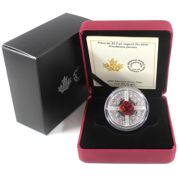 2019 $20 Lest We Forget 1oz .9999 Fine Silver Coin w/ Murano Glass Poppy (Tax Exempt)