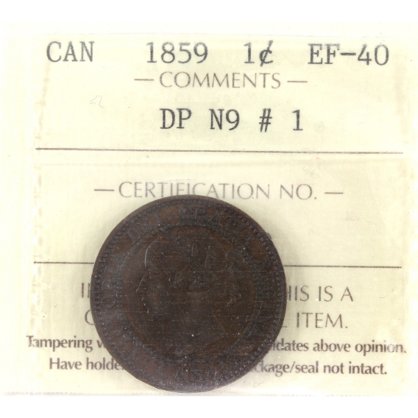 1-cent 1859 DP N9 #1 ICCS EF40