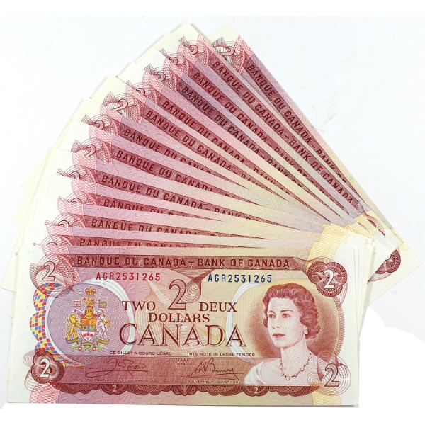 16x 1974 Bank of Canada $2 Notes - 3x Crow-Bouey & 13x Lawson-Bouey UNC or Better. 16pcs