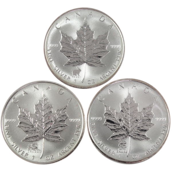 3x 1oz $5 SML 1999 YOT Rabbit, 2000 YOT Dragon, & 2001 YOT Snake Privy .9999 Fine Silver Rounds.