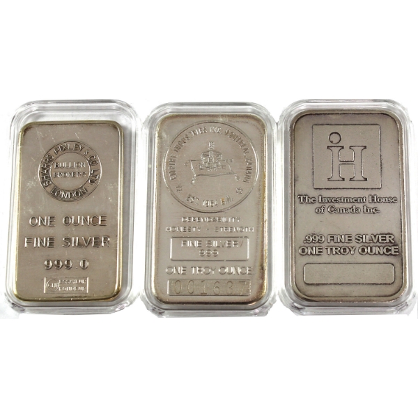 3x 1oz Assorted Refiners Vintage .999 Silver Bars. 3pcs. (Tax Exempt)