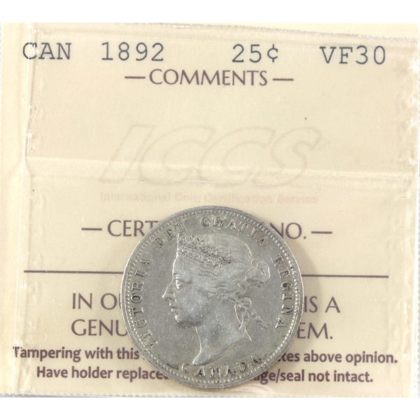 25-cent 1892 ICCS VF30