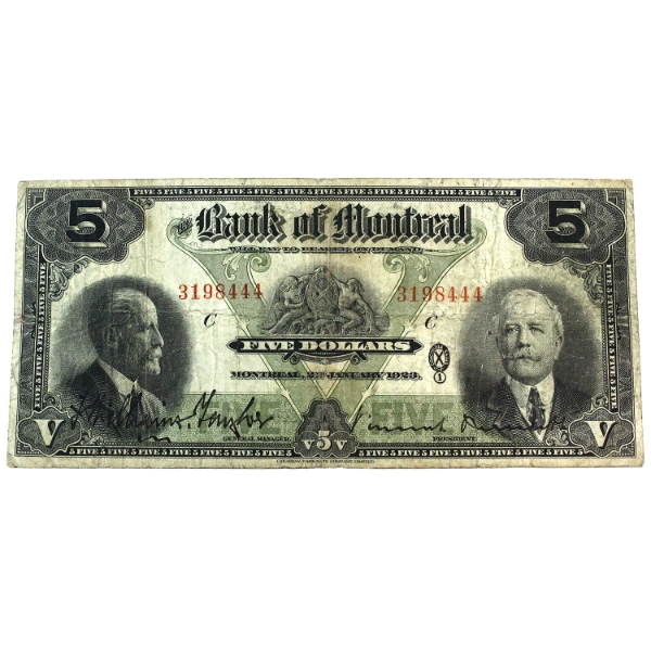 505-56-02 1923 Bank of Montreal $5 VG Taylor-Meredith SN: 3198444-C 