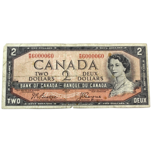 BC-38a 1954 $2 Neat Number SN: R/B6000060 Circ. Beattie-Coyne 