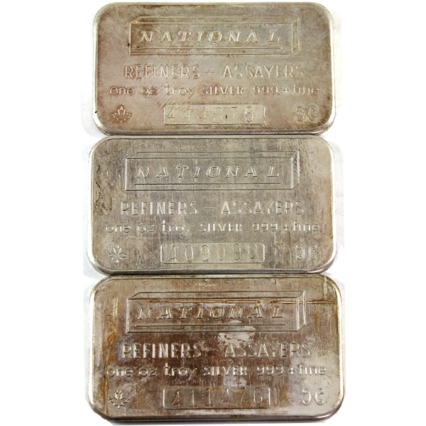 3x 1oz National Refiners Vintage .999+ Silver Bars. 3pcs. (Tax Exempt)