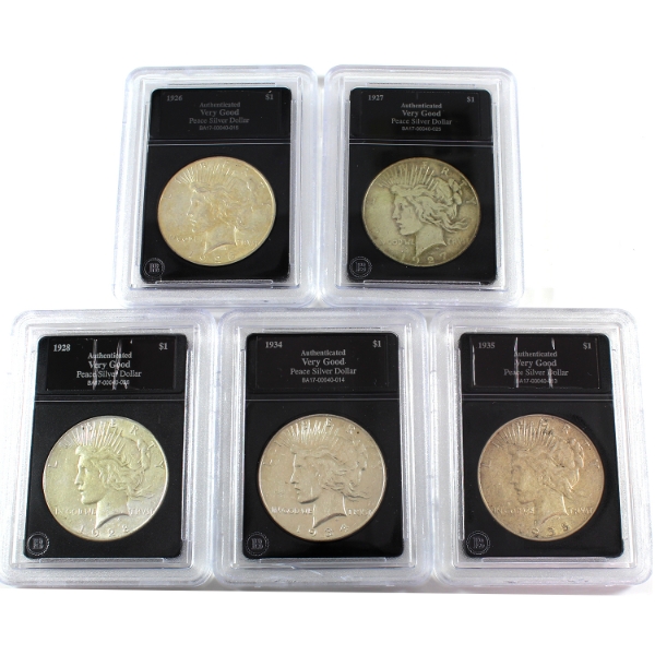 Group Lot of USA Silver 1926-1935 Peace Dollars Bradford Authenticated VG. 5pcs.