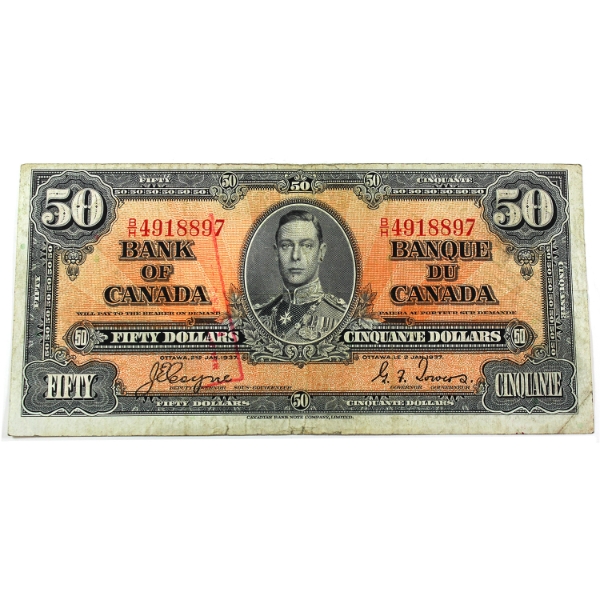 BC-26c 1937 $50 F-VF Coyne-Towers SN: B/H4918897