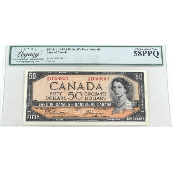 BC-34b 1954 $50 Devil's Face Legacy Choice AU58 PPQ Beattie-Coyne SN: A/H1658852