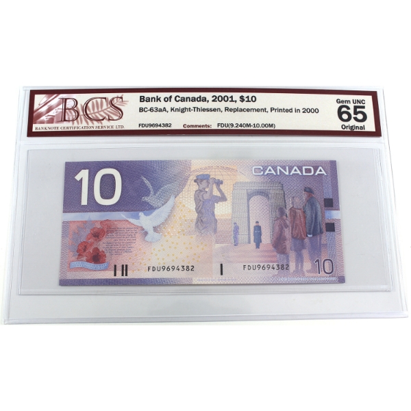 BC-63aA 2001 $10 BCS GEM UNC65 Original Knight-Thiessen FDU Replacement Printed in 2000 