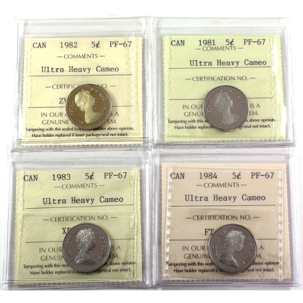 5-cent 1981-1984 ICCS PF67 Ultra Heavy Cameo. 4pcs.