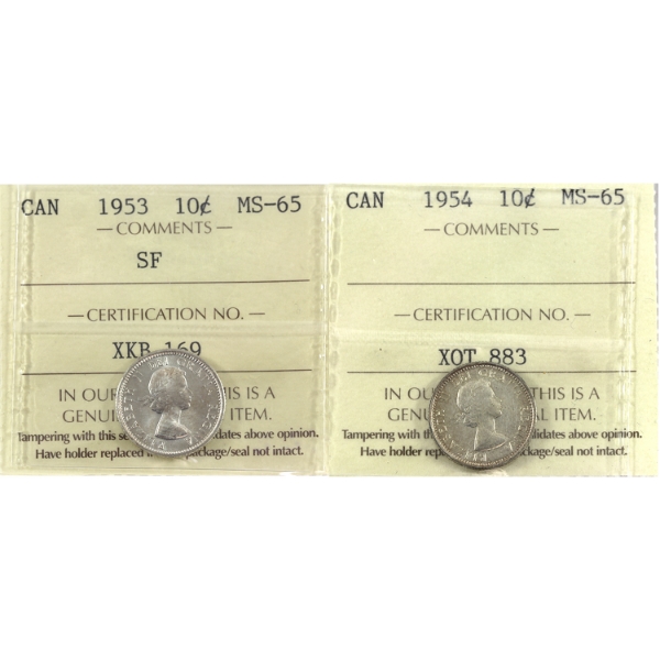 10-cent 1953 SF & 1954 ICCS MS65. 2pcs.