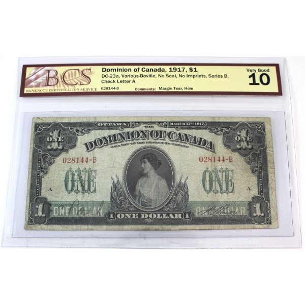 DC-23a 1917 $1 BCS VG10 Various-Boville No Seal, No Imprints Series B, Check Letter A SN: 028144-B 
